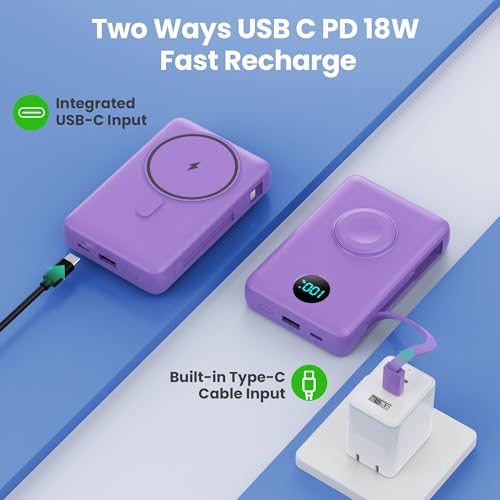 Ekrist Magnetic Portable Charger 10800mAh for MagSafe with Built-in Cable,iWatch Charger,Wireless Power Bank Travel Essentials,25W Fast Charging Battery Pack for iPhone 17/16/15/14,Apple Watch(Purple) - color: Purple