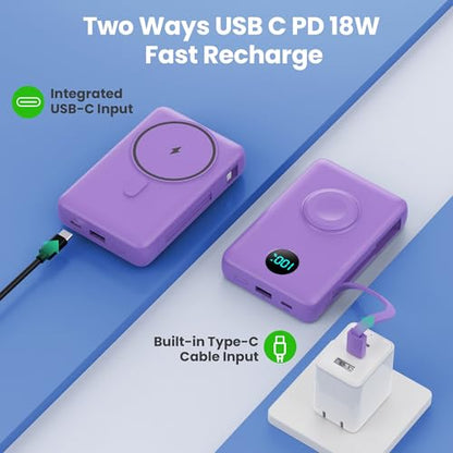 Ekrist Magnetic Portable Charger 10800mAh for MagSafe with Built-in Cable,iWatch Charger,Wireless Power Bank Travel Essentials,25W Fast Charging Battery Pack for iPhone 17/16/15/14,Apple Watch(Purple) - color: Purple