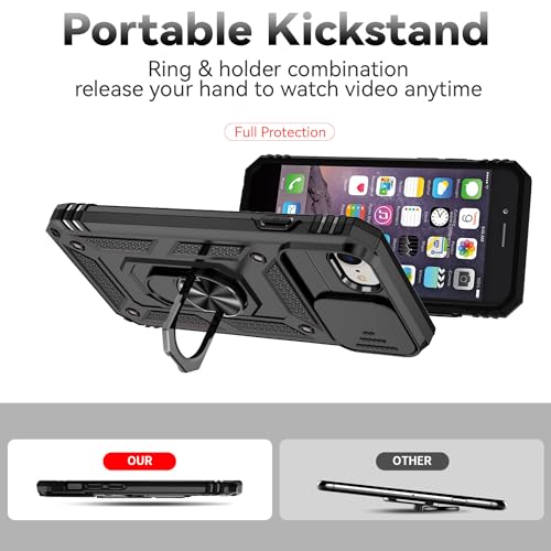 SunStory Compatible with iPhone SE 2022/2020/3rd/2rd / 6/7/8 Case with HD Screen Protector & Slide Camera Cover & Kickstand, [Military-Grade] Phone Case for iPhone SE 2020/2022/6/7/8 (BBlack) - color: BBlack