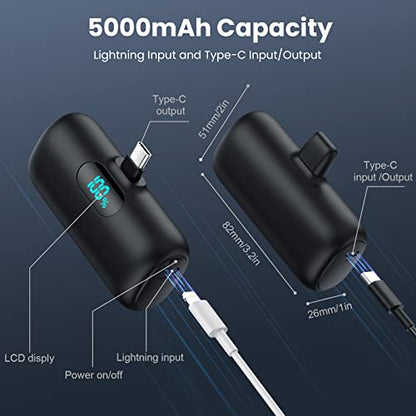 [2-Pack] Mini Portable Charger 5000mAh Power Bank,3A PD USB C Cell Phone Portable Power, LCD Display Battery Pack Compatible with iPhone 17/17 Air/16/16 pro/15/15 pro Max/Android/Samsung/Moto/LG etc - color: A-black+white