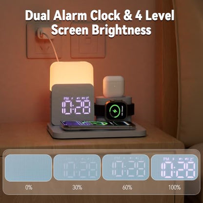 7 in 1 Wireless Charging Station, 25W Charger with Alarm Clock Night Light - color: Blue