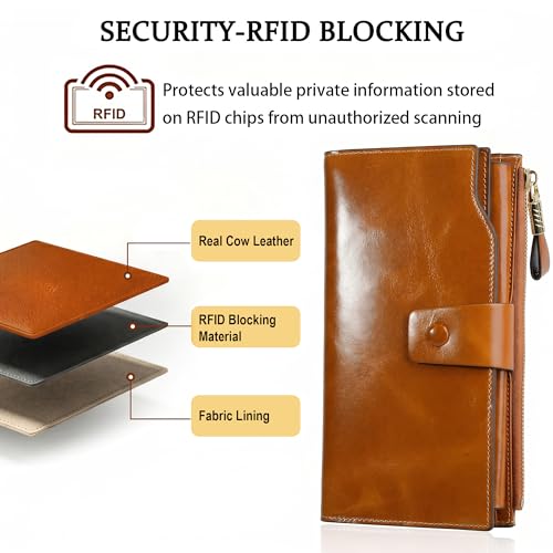 YALUXE Women's Real Leather Wallet RFID Protect 21 Card Slots Phone Pocket - color: 1- Waxed Brown, size: Genuine Leather
