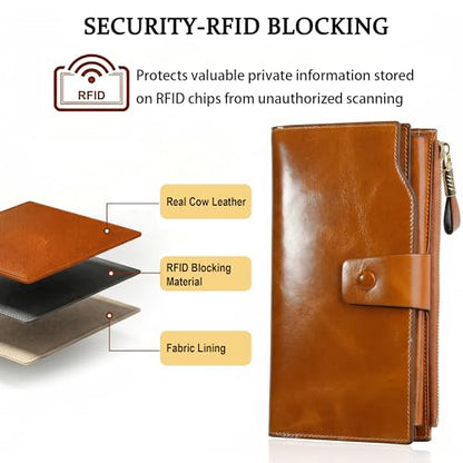 YALUXE Women's Real Leather Wallet RFID Protect 21 Card Slots Phone Pocket - color: 1- Waxed Brown, size: Genuine Leather