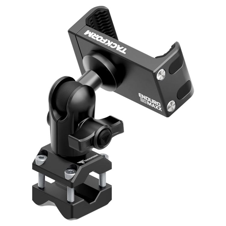 Tackform Black Motorcycle Phone Mount - 20MAXX Spring Cradle | Universal Bar Clamp Fits 3/8" - 5/8" Crossbar, Headrest, Mirror | Aluminum | Compatible with iPhones, Galaxy Devices, More | Short Reach