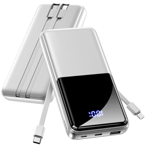 CFIAI Portable Charger 15000mAh Slim Power Bank with Built in Cables - color: Platinum