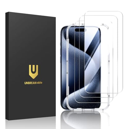 UNBREAKcable 3-Pack Screen Protector for iPhone 15 Pro Max Tempered Glass | Shatterproof, Easy Install, 9H Hardness, 99.99% HD Clear, Bubble-Free, Anti-Fingerprint, Scratch Resistant, Case Friendly - size: iPhone 15 Pro Max