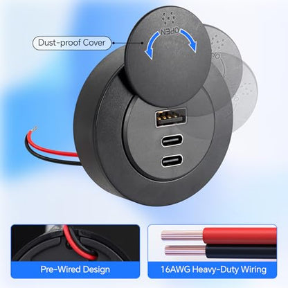 acegoo 72W 3-Port RV USB Outlet, Surface Mount 12V USB Fast Charger Socket - color: 1 Pcs