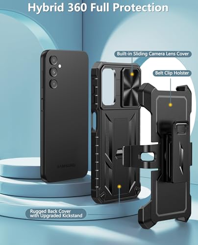 FNTCASE for Samsung Galaxy A14-5G Case with Slide Camera Cover & Holster | Built in Kickstand, Military Grade Dropproof Protection, Heavy Duty Rugged Phone case, Outdoor Protection - color: Black Matte