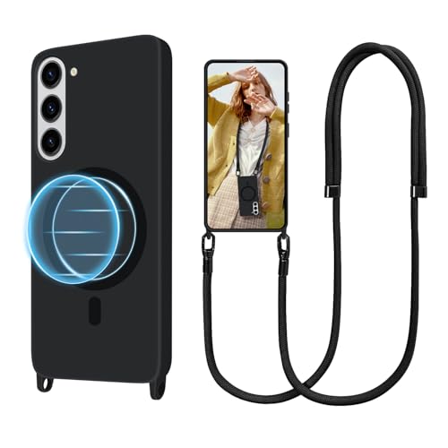 for S23 Case with Crossbody Lanyard, Compatible with MagSafe, Magnetic Case with Adjustable Neck Strap, Silicone Phone Cover for Samsung Galaxy S23 Black - size: Galaxy S23