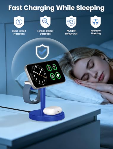 Aeinidi 3 in 1 Fast Wireless Charging Station for Apple MagSafe Charger - color: Blue, size: 15W