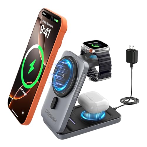 3-in-1 Adjustable Magnetic Charger, 15W for iPhone/Watch/AirPods - color: Grey