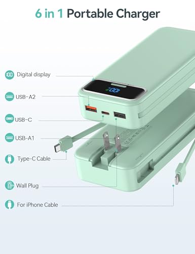 aonidi Portable Charger 20000mAh with Built-in Cables&AC Wall Plug, Green - color: Lime