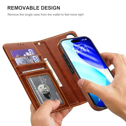 Bocasal Detachable Wallet Case Card Holder for iPhone 17, Brown | RFID Blocking Kickstand Card Slots Holder PU Leather Magnetic Shockproof Wrist Strap Removable Flip Protective Cover 6.3 inch - color: Brown