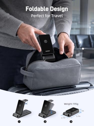 Wireless Charger for Samsung S25 with Clock 3 in1 Foldable Charging Station - color: Black