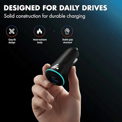 PD 51W Superfast Charging Wozoyo Car Charger, with Type C and USB A, Power Delivery, PPS & QC 3.0, Dual Port (33W + 18W), 12V–24V Compatible, Multi-Layer Protection, 2-Years Manufacturer Warranty