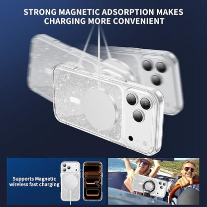 LEMAXELERS Magnetic Clear Glitter Case for iPhone 17 Pro Max -Clear SF | Compatible with MagSafe, Crystal Sparkly Bling Clear TPU Bumper Hard PC Slim Shockproof Protective Cover - color: Clear, size: iPhone 17 Pro Max