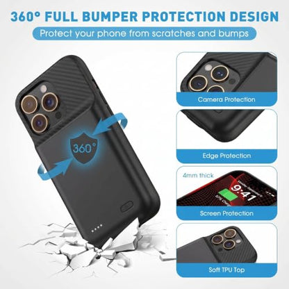 Battery Case for iPhone 16 Pro Max, Ultra-Slim Travel Portable Charging Case, 2026 Upgrade 7000 mAh Extended Battery Life, Premium Materials Rechargeable Charger Case Black