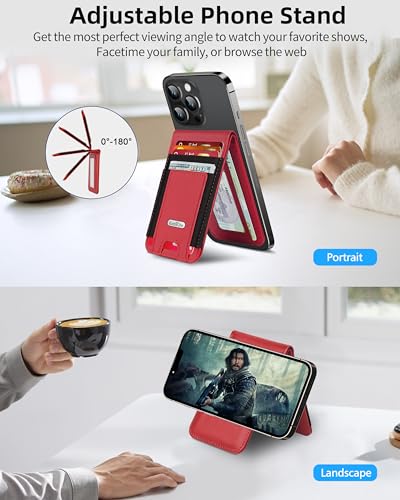 For Magsafe Wallet Stand, 10 Cards Holder, Strongest Magnetic Wallet | Leather Magnetic Phone Wallet for iPhone 17/16/15/14/13/12 Series, ID Window, RFID Blocking, Red - color: Red