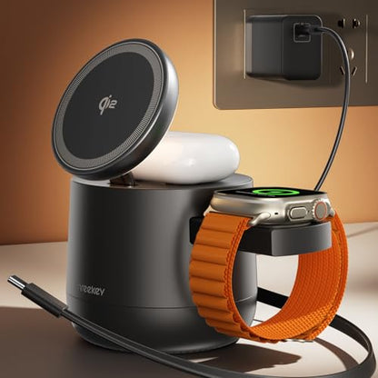 THREEKEY 4 in 1 Qi2 Magnetic Wireless Charging Station, 15W Fast Charger with Made for Apple Watch Charging Module, for iPhone 18–12 Series & AirPods, 65W Adapter Included - color: Black