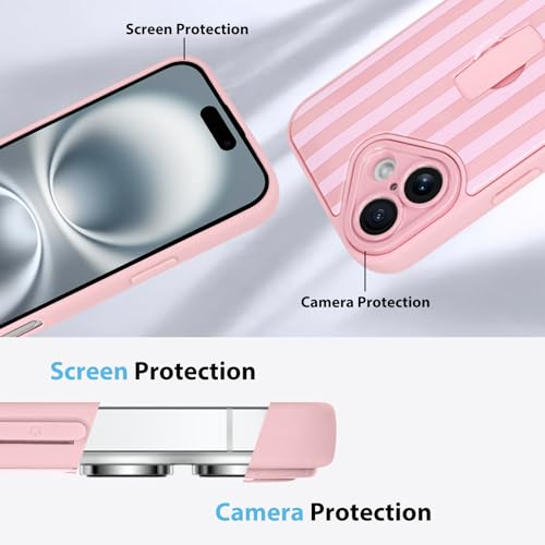 KANGHAR Compatible with iPhone 16 Case Stripes -Pink | Silicone Cute Pattern, Wristband Kickstand Camera Protection Soft Slim Cover for Girls Women - color: Pink-Stripes, size: iPhone 16