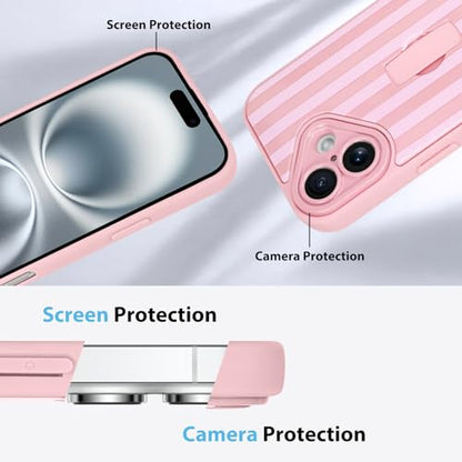 KANGHAR Compatible with iPhone 16 Case Stripes -Pink | Silicone Cute Pattern, Wristband Kickstand Camera Protection Soft Slim Cover for Girls Women - color: Pink-Stripes, size: iPhone 16