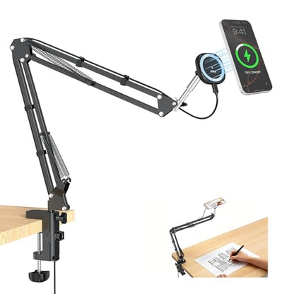 VRIG Magnetic Wireless Charger Phone Holder for Bed Desk, Flexible Articulating Table Mount, Overhead Stand Compatible with iPhone 17/16/15/14, Great for Video Recording, Zoom Meeting, Live Streaming - size: Rechargeable Model