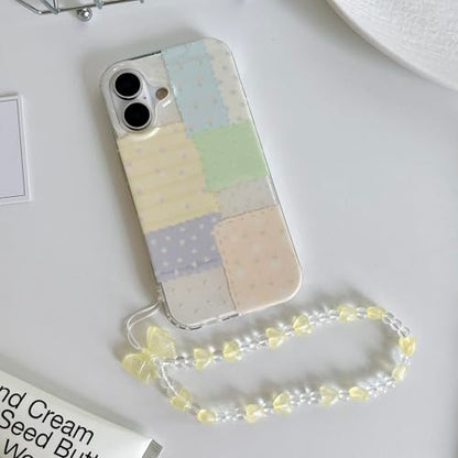 for iPhone 16 Case, Pastel Patchwork Phone Cover with Crystal Heart Beaded Strap & Bow Charm, Cute Kawaii Clear Protective Case for Women Girls(Lanyard+Phone case, iphone16) - size: iphone16