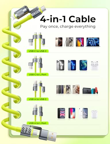 240W 4 in 1 Coiled USB C Cable, 5FT CarPlay & Android Auto Cable - color: Green, size: 240W, style: Coiled Cable