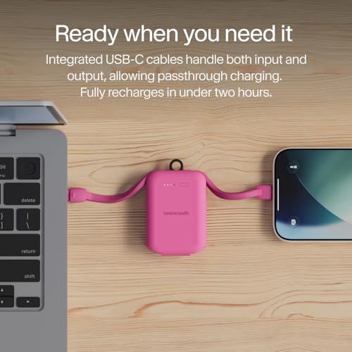 Twelve South PowerClip Mini Charger with Built-in USB-C Cable, 2000mAh - color: Fuchsia