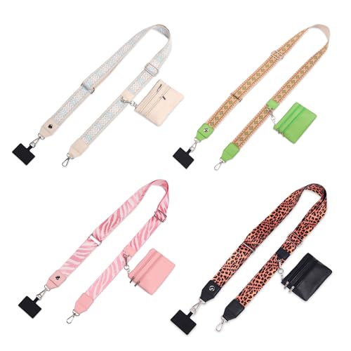 2pcs Clip and Go Strap for Phone with Wallet Crossbody Strap with Pouch - color: Blue White+pink+leopard+green