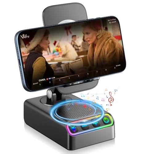 Hupoaf Adjustable Cell Phone Stand with Wireless Induction Bluetooth Speaker, HD Surround Sound for Home and Outdoors, Compatible with iPhone/iPad/Samsung Galaxy, Popular Gifts for Men Women Dad Mom