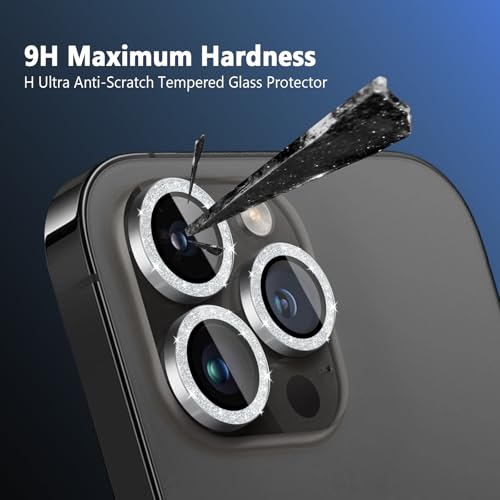 TENOC Camera Lens Protector for iPhone 12 Pro Max, Silver Glitter Individual Metal Ring with 9H Tempered Glass, Bling Sparkle Case Friendly Cover