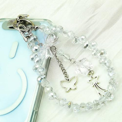 Crystal Beaded Phone Wrist Strap, Cute Cellphone Lanyard Chain, Bow Keychain Wristlet Bag Charms for Women - color: Bow/White