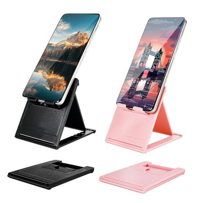 2 Pack Folding Cell Phone Stand - Adjustable Portable Foldable Desktop Phone Holder Compatible with iPhone 17 16 15 14 13 Pro Max Mini Smartphone Ps Portal Nintendo Switch 2 - Black & Pink