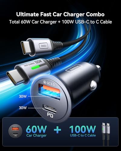 INIU Car Charger, Total 60W Cigarette Lighter Charger with 100W USB C Cable