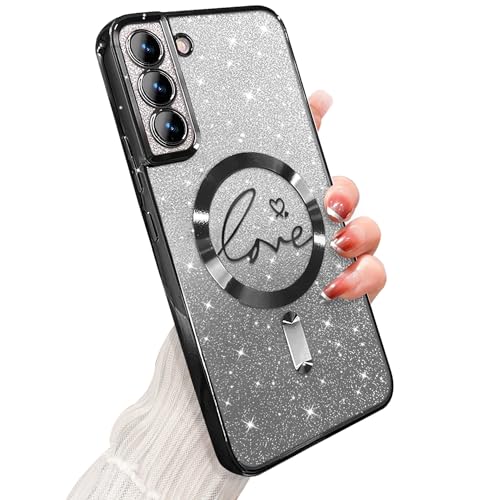 ZONRW for Samsung Galaxy S21 Case Magnetic,for Women Girl Soft Cute Luxury Love Heart Plating Bling Gradient Glitter Clear Phone Case Compatible with MagSafe Shockproof Back Cover 6.2”-Black - color: Black, size: Samsung Galaxy S21