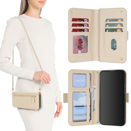 for iPhone 15 Pro Wallet Case for Women,for iPhone 15 Pro Case with Strap Crossbody Lanyard,PU Leather Shockproof Card Holder Stand Zipper Pocket Flip Phone Case-Beige - color: Beige