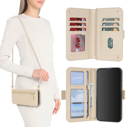 for iPhone 15 Pro Wallet Case for Women,for iPhone 15 Pro Case with Strap Crossbody Lanyard,PU Leather Shockproof Card Holder Stand Zipper Pocket Flip Phone Case-Beige - color: Beige
