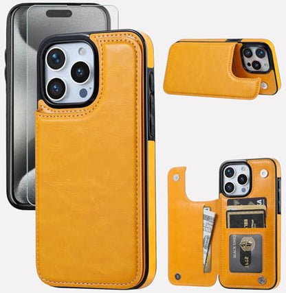 Wallet Case Compatible with iPhone 15 Pro Max(6.7"),Slim Protective Card Holder case with 1 Screen Protector,Premium PU Leather Kickstand Card Slots Case-Yellow - color: Yellow