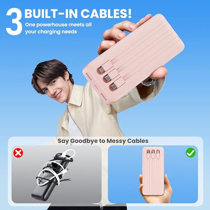 Portable Charger 50800mAh Power Bank with 3 Built in Cables,25W PD QC4.0 Fast Charging USB C Battery Pack,6 Outputs 2 Inputs Travel Essentials Phone Charger for iPhone 18/17/16/15/Pro,Android,Pink - color: Pink