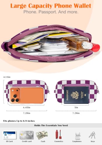 takyu Phone Strap Crossbody with Detachable RFID Wallet - color: Purple White Checkered