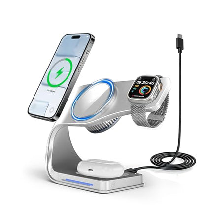 3 in 1 Wireless Charging Station with Cooling for iPhone, Watch & AirPods - color: Silvery
