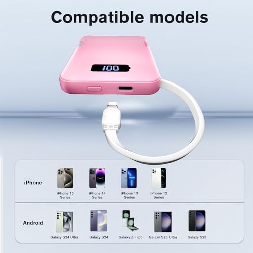 Ultra-Slim 5000mAh Portable Charger for iPhone & Android, Mini Power Bank with Built-in Cables (USB-C & iOS), 5V/2A Small External Battery Pack for iPhone 16/15/14/13, Samsung, Google – Pink