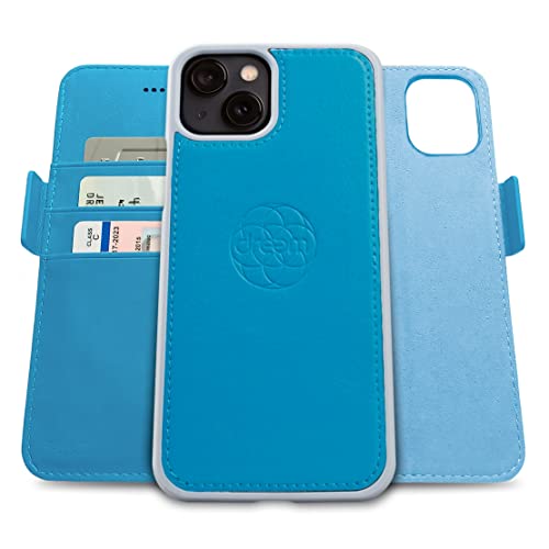 Dreem Vegan Leather Magnetic Detachable Wallet Case for iPhone 13 Mini | Built-in Phone Stand, RFID Blocking Card Holder Flip Cover, MagSafe Compatible, Gift Box [Fibonacci: Sky] - color: Sky, size: iPhone 13 Mini