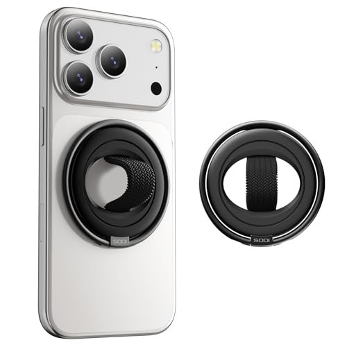 SODI Magnetic Phone Grip with Nylon Finger Strap, 360° Rotate N52 Magnet Phone Kickstand, 4-in-1 Magnetic Phone Ring Holder for Mag Safe iPhone 17/16/15/14/13/12 Series, Black - color: Pure Black