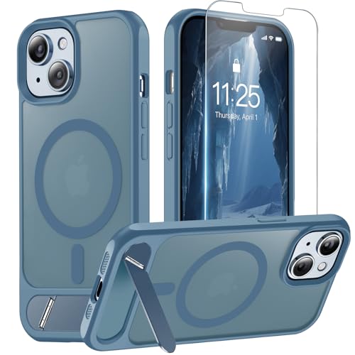 Magnetic for iPhone 14 Case & iPhone 13 Case with Stand Blue | (Screen Protector)(Compatible with MagSafe)(Military Grade Shockproof) Translucent Drop Protection Matte Slim Phone Case,6.1" - color: Blue, size: For IPhone 14/13
