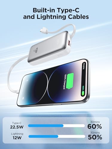 Aioneus Portable Charger Power Bank with Built in Cables 10000mAh 22.5W - color: Sliver, size: 10000mAh