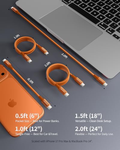 2-Pack 1ft 240W USB C to C Cable, CarPlay Auto Connection - color: Orange, size: 1 ft (12 in)
