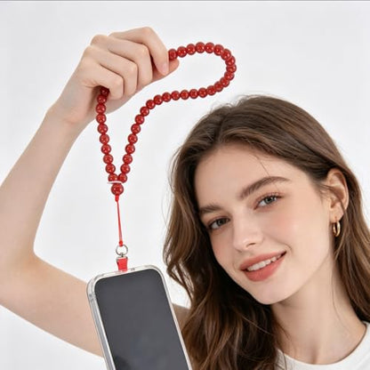 Agate Beaded Phone Wrist Strap for Women Men Stone Beads Charm Handmade Cellphone Chain Lanyard with Tether Tab - color: Red-2, size: 6mm Beads