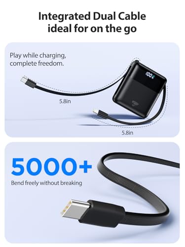 Portable Charger 10000mAh Power Bank Fast Charging, 22.5W USB C Battery Pack with Built-in Cables, Small Portable Charger Travel Essentials Power Bank for iPhone 17 16 15 14, Samsung, iPad, Android